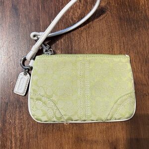 Coach Lime Green Signature Jacquard Wristlet with White Trim